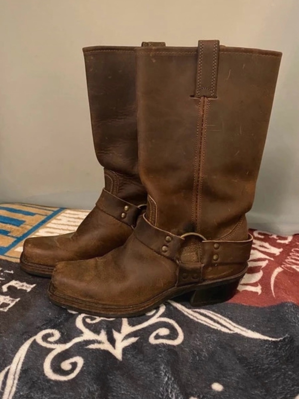 Women’s Frye Brown Leather Harness 12r Mid-Calf Heeled Boots